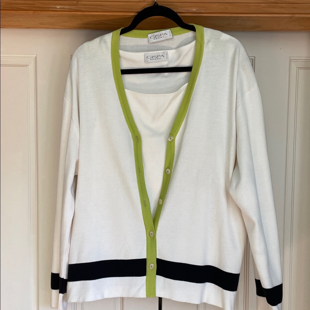 Italian Designer Gispa Knit Cream and Green Cardigan. Size 2X